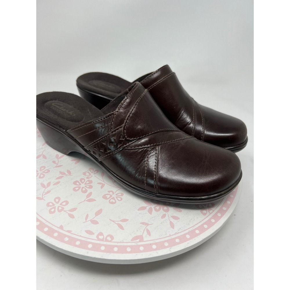 CLARKS Bendables Mules Women 9M Brown Leather Wedge Slide Stitch 62890 Cushioned - Picture 2 of 15